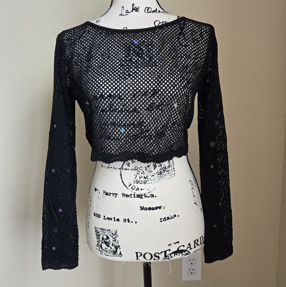cinq a sept Black Mesh Cropped Long-Sleeve Sequin Top